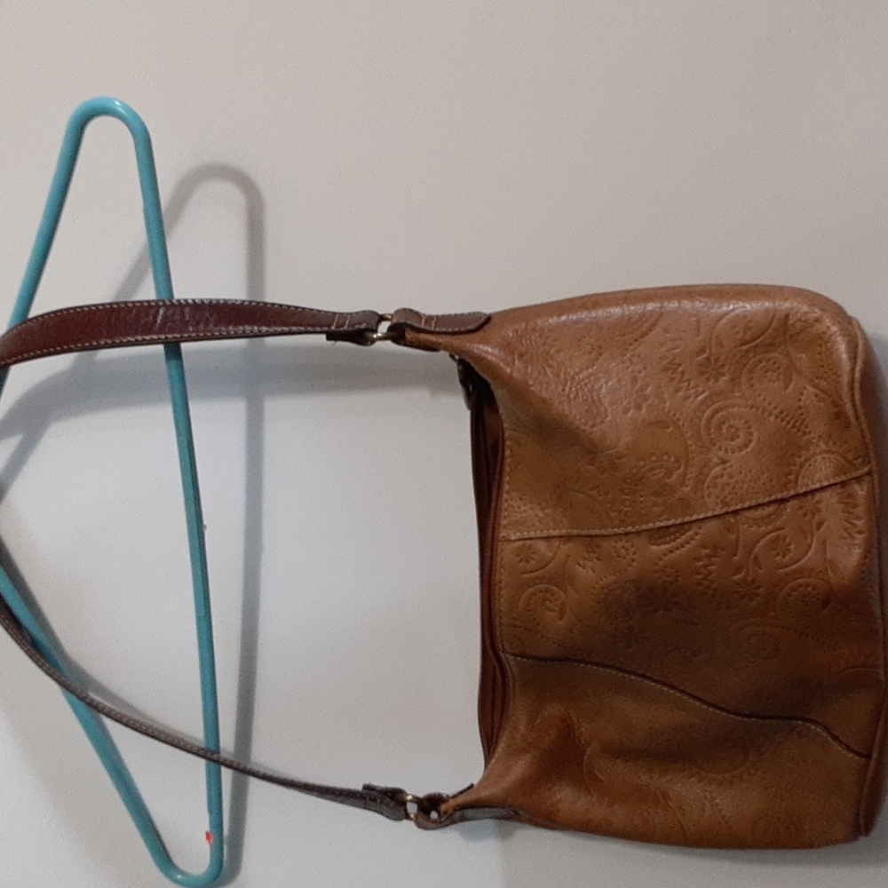 Fossil brown tooled leather shoulder handbag